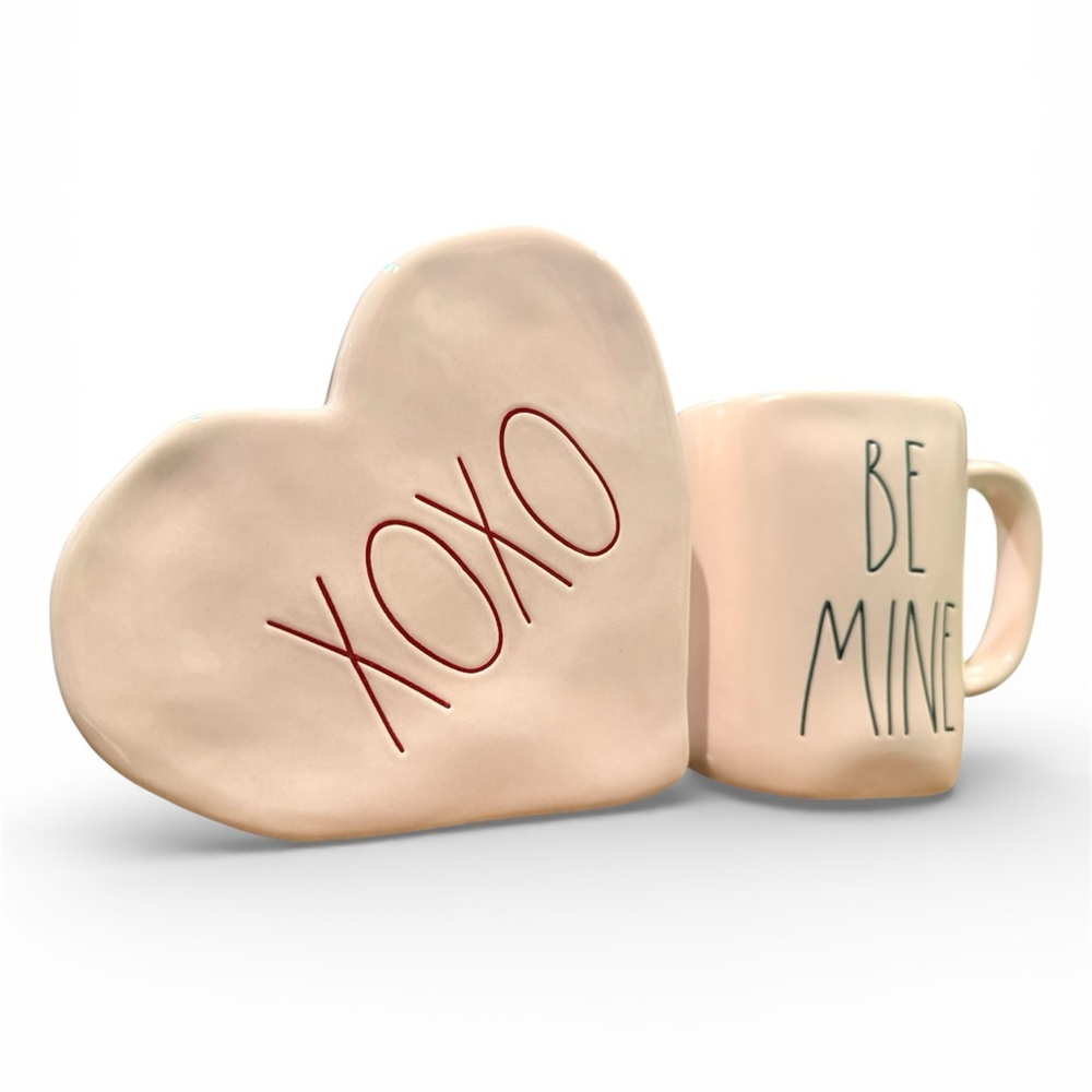 Rae Dunn PINK Ceramic XOXO Valentines Day Heart & ‘BE MINE’ matching mug set